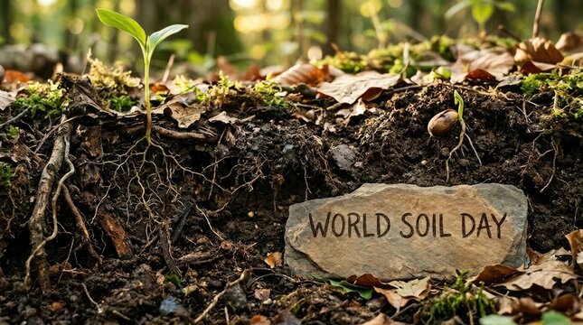 World soil day concept with a young plant growing from the soil, roots visible, and a stone engraved with the text in a natural forest environment world soil day