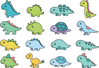 Cute colorful dinosaurs and turtles set with simple smiling faces in kawaii cartoon outline vector illustration © AponChandro
