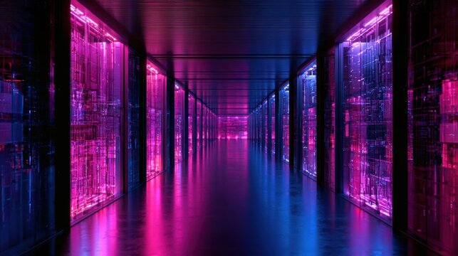 Futuristic data center corridor with vibrant pink and blue neon lighting reflecting on polished floor and multiple server racks arranged in parallel lines