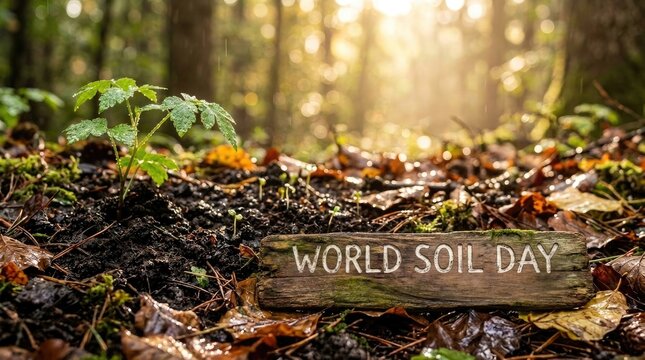World soil day sign on a wooden plank in a forest, featuring a small green plant growing in rich soil with soft sunlight filtering through trees world soil day