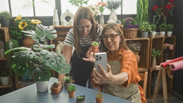 Woman wearing apron holds smartphone and poses taking selfie with a potted succulent and rows of pots on a table in a building; joyful teamwork.