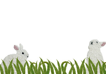 手刺繍のうさぎと草原の横フレーム © Stitch Palette