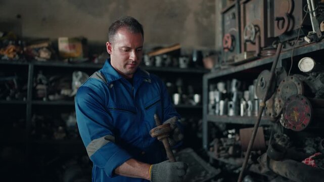 Mechanic works carefully in a cluttered workshop. He holds a tool with focused attention. Tools and parts fill shelves around him