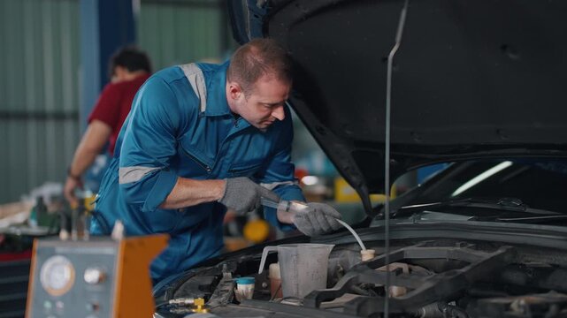 Mechanic works under open car hood. Focused, he checks engine components with care. Tools and equipment sit nearby. Workshop buzzes with activity