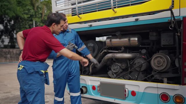 Two mechanics inspect a bus engine. One leans against the vehicle. The other examines engine parts closely. They wear work uniforms and gloves
