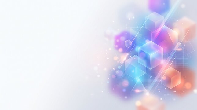 Abstract futuristic 3D cubes background with glowing light effects and soft bokeh, perfect for technology presentations, corporate websites, and modern banner designs