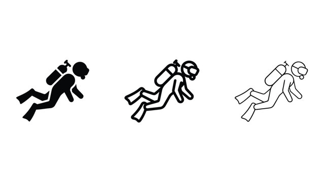 Three stylized graphic representations of a diver with scuba gear swimming underwater illustrating different icon styles for marine exploration