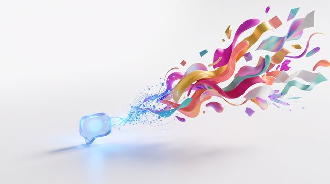 Glass message bubble icon with vibrant colorful liquid ribbons and creative energy particles, perfect for social media marketing, website banners, and professional presentations