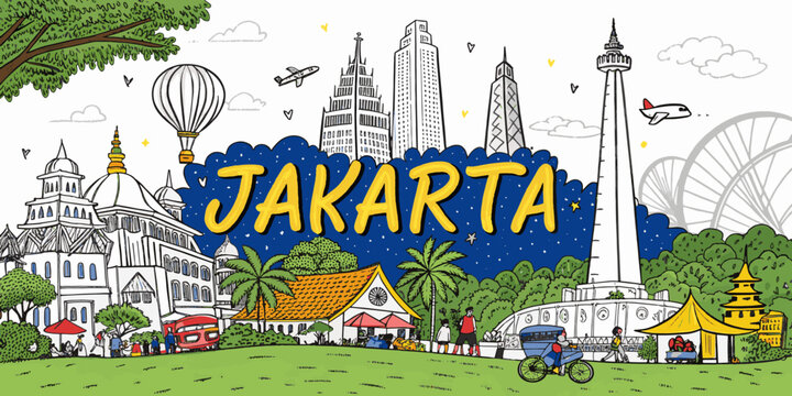 Jakarta Skyline with Important Landmarks Including Monas National Monument, Istiqlal Mosque, Jakarta Cathedral, Bundaran HI, Gelora Bung Karno Stadium, Old Town Kota Tua and Semanggi Interchange, Indo