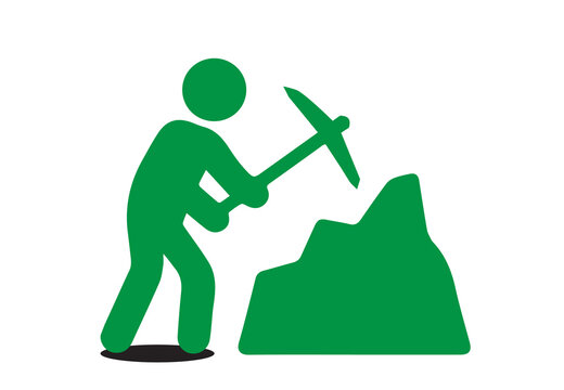 A green silhouette icon of a person swinging a pickaxe to break a rock or pile of earth.