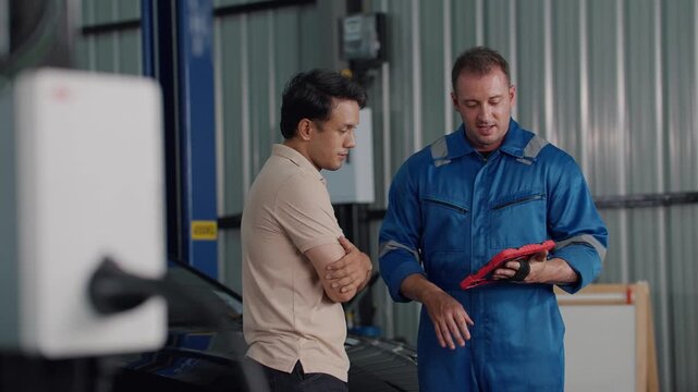 Two men converse near an electric vehicle charger. One wears blue overalls, holds a tablet. The other, in casual attire, listens attentively