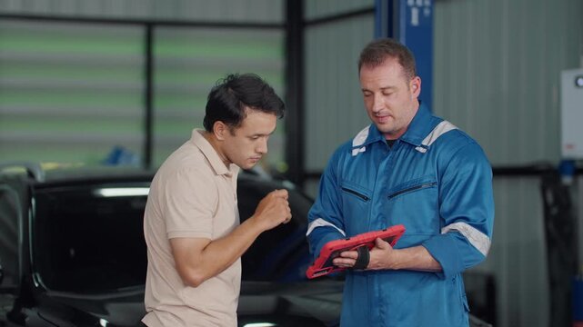 Two men stand beside a dark car in a workshop. One man holds a red tablet, gesturing with his free hand. The other listens
