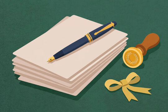 Legal documents with fountain pen and wax seal stamp vector illustration