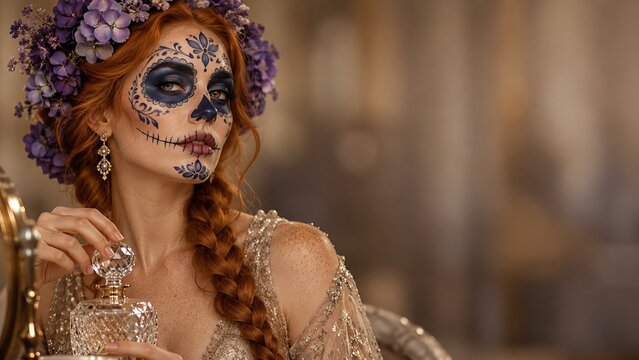 Woman with sugar skull face paint and flower crown holding crystal perfume bottle. Day of the Dead makeup and floral styling. Mexican cultural celebration. Beauty portrait with copy space.