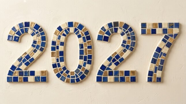 Mosaic style numbers spelling out 2027 against a neutral beige background