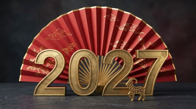 Golden 2027 new year celebration with decorative red fan background and festive lighting