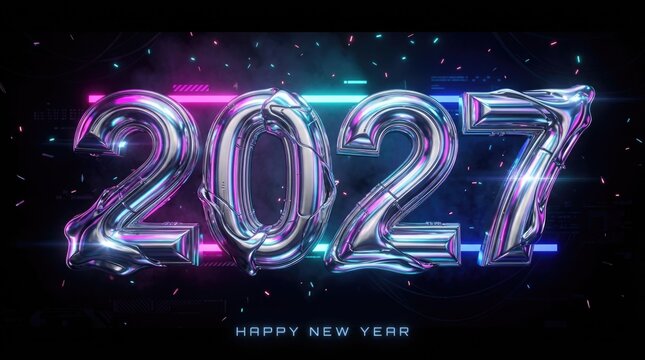 Futuristic neon rendering of 2027 with vibrant pink and blue lighting effects