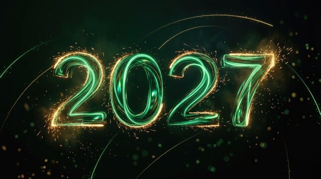 Glowing neon rendering of the year 2027 with a dark and futuristic background