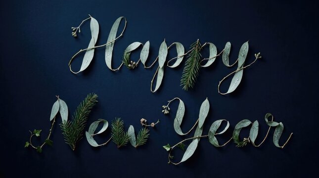 Elegant happy new year text design with a dark blue and silver color scheme