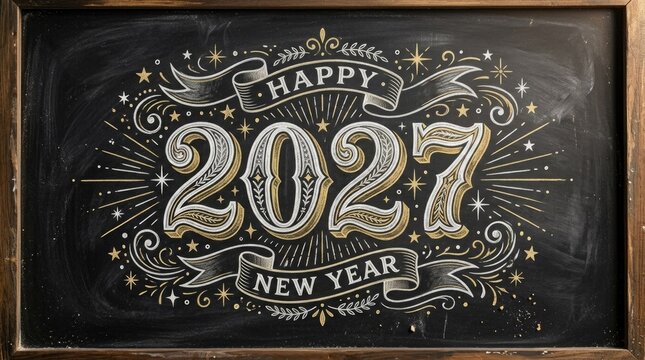Chalkboard illustration of happy new year 2027 with festive decorations and handwritten text