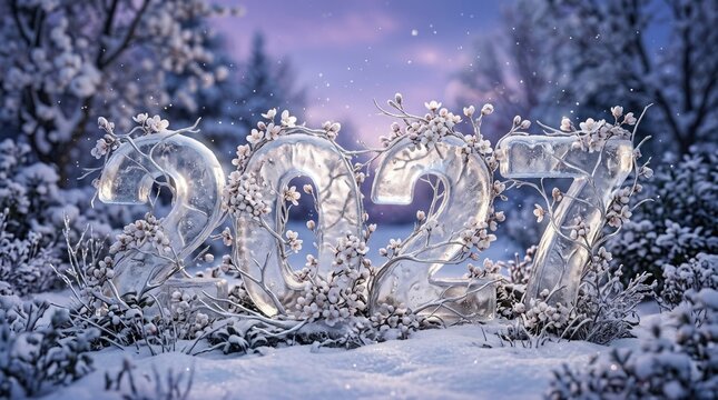 Magical winter landscape with illuminated ice sculptures and snow covered forest