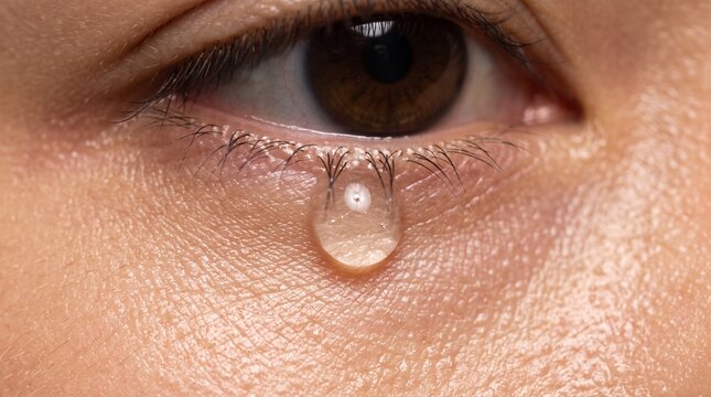 Macro close-up photo of a single tear falling from a human eye, tear drop on lower eyelash, emotional sadness and grief concept, detailed skin texture