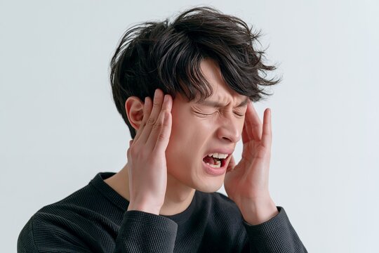 頭痛に苦しむ男性が顔をしかめて両手でこめかみを押さえる