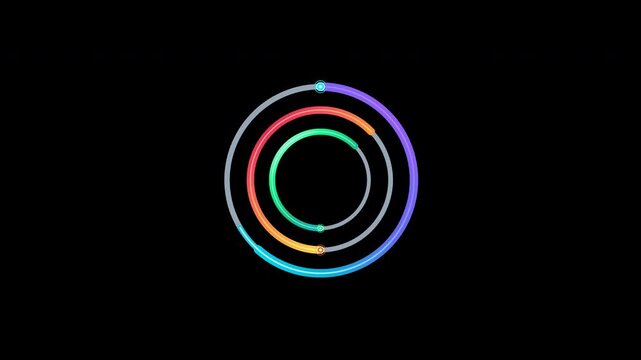 Ultra modern nested concentric circular activity loader featuring three harmonic counter rotating gradient rings, fluid orbital beads, and complete 10 second seamless loop on transparent background.