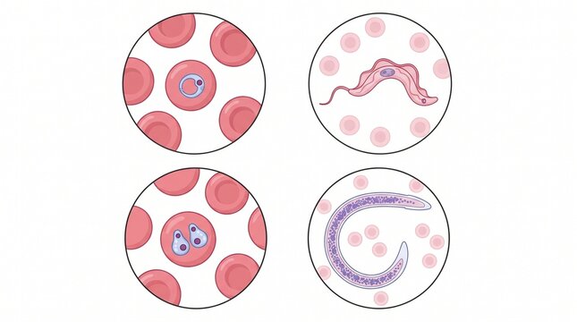 Parasitic protozoa and blood pathogens vector illustration. Featuring microscopic view of red blood cells trypanosoma plasmodium and nematode parasites. Educational science graphics for textbooks