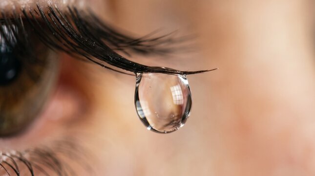 Emotional macro tear drop falling from eye eyelash, clear tear drop on human eye close up, crying sadness and sorrow concept