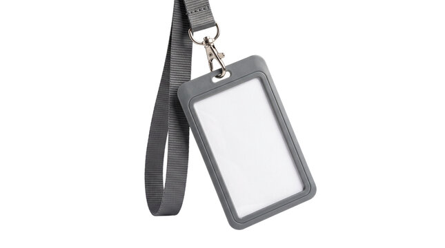 Grey ID card holder with lanyard, professional name tag mockup on white background, blank plastic badge protector for corporate events and security.