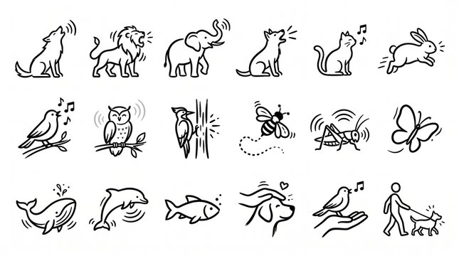 Minimalist black-and-white animal vector icon collection featuring wildlife, pets, birds, insects, marine creatures, and human-animal interactions, expressive line art, sound symbols, clean white back