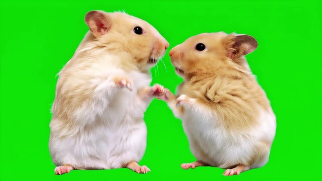 Two adorable golden and white hamsters standing on their hind legs facing each other with raised paws, cute playful pet rodents isolated on bright green screen chroma key background