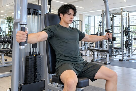 男性がジムで筋力トレーニングを行う姿胸筋を鍛えるフィットネス風景