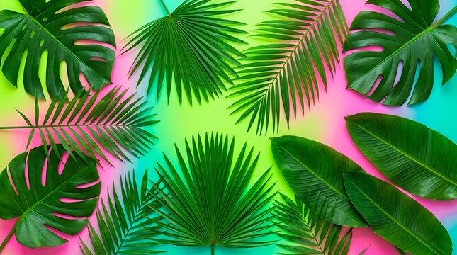 Vivid flat lay compositiontropical jungle palm leaves arranged on vibrant fluorescent neon background creating an artistic modern summer concept and creative exotic nature wallpaper layout
