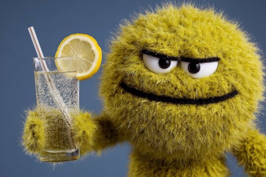 Fuzzy Yellow Monster Enjoy a Lemonade. Funny Beverage Concept.  Cool Drink