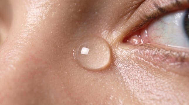 Macro teardrop resting near eye on skin, single clear tear drop close up, emotional sadness and depression concept photo