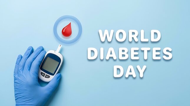 Gloved hand holding a glucose meter with a blood drop symbol on blue test world diabetes day sugar medical diagnostic patient care background