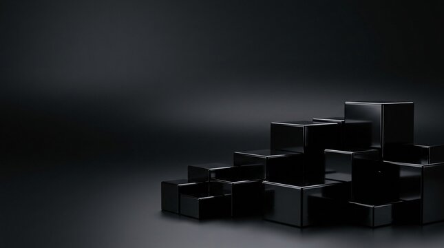 Abstract dark black cube steps arranged in an ascending pattern for background or product display.