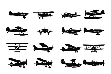 Set of black silhouette vintage airplanes, biplanes and seaplanes in various angles isolated on white background © shahriar