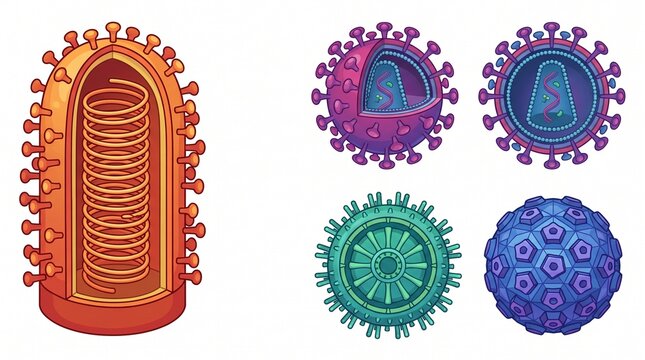 Virus anatomy and cellular microbiology vector illustration. Detailed cross section of pathogen spike protein viral capsid RNA spiral helix and infectious disease study for medical science