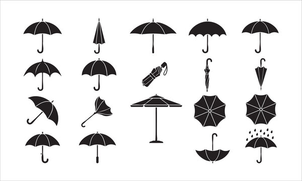 Black umbrella silhouettes collection featuring folding open and closed styles set.