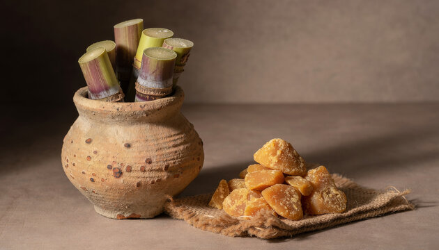 Rough unglazed earthen pot packed with upright cut sugarcane batons beside a mound of raw golden jaggery on coarse jute cloth, Makar Sankranti harvest still life