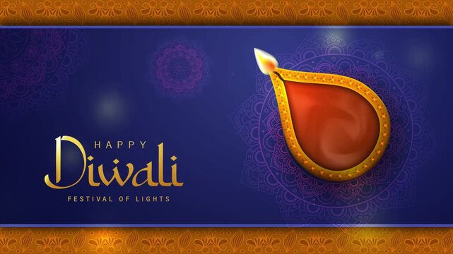 Close Up of a Glowing Traditional Clay Diya for Diwali Festival of Lights with Elegant Golden Greeting Typography and Ornamental Borders on a Deep Blue Background, 4K. Indian Festival of Light Motion 