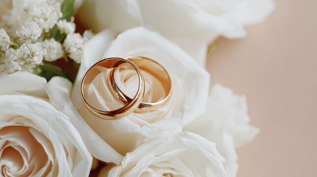 Elegant wedding rings on white roses capturing love and commitment