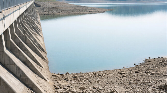 Elevated view of concrete dam wall beside shrinking reservoir with exposed stony banks