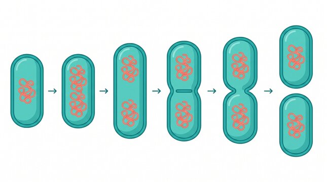 Bacterial cell division process and binary fission stages. Microorganism growth and reproduction cycle. Detailed infographic chart showing cell elongation and pinching