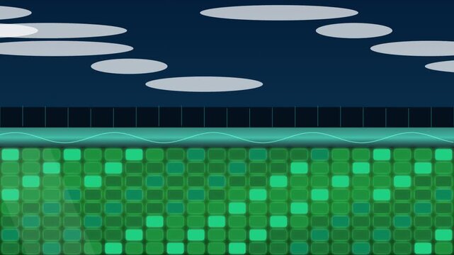 vector illustration of a digital landscape with glowing green blocks under a night sky