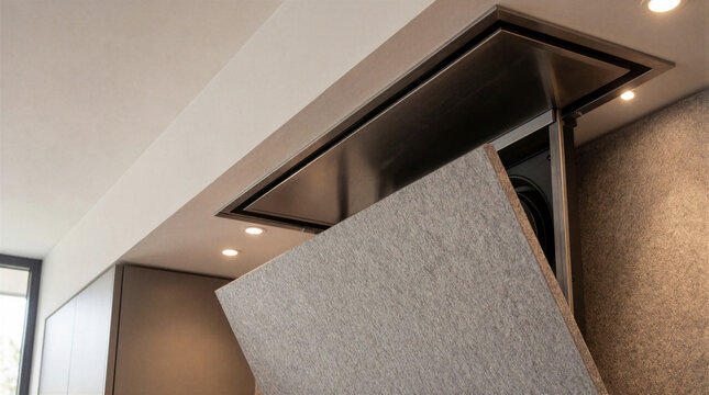 Ceiling mounted ventilation system with motorized 2m acoustic felt panel sliding open in a modern interior