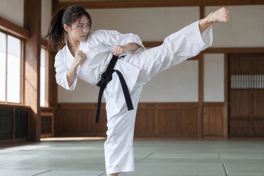 道場で空手の型を披露する若い女性の姿